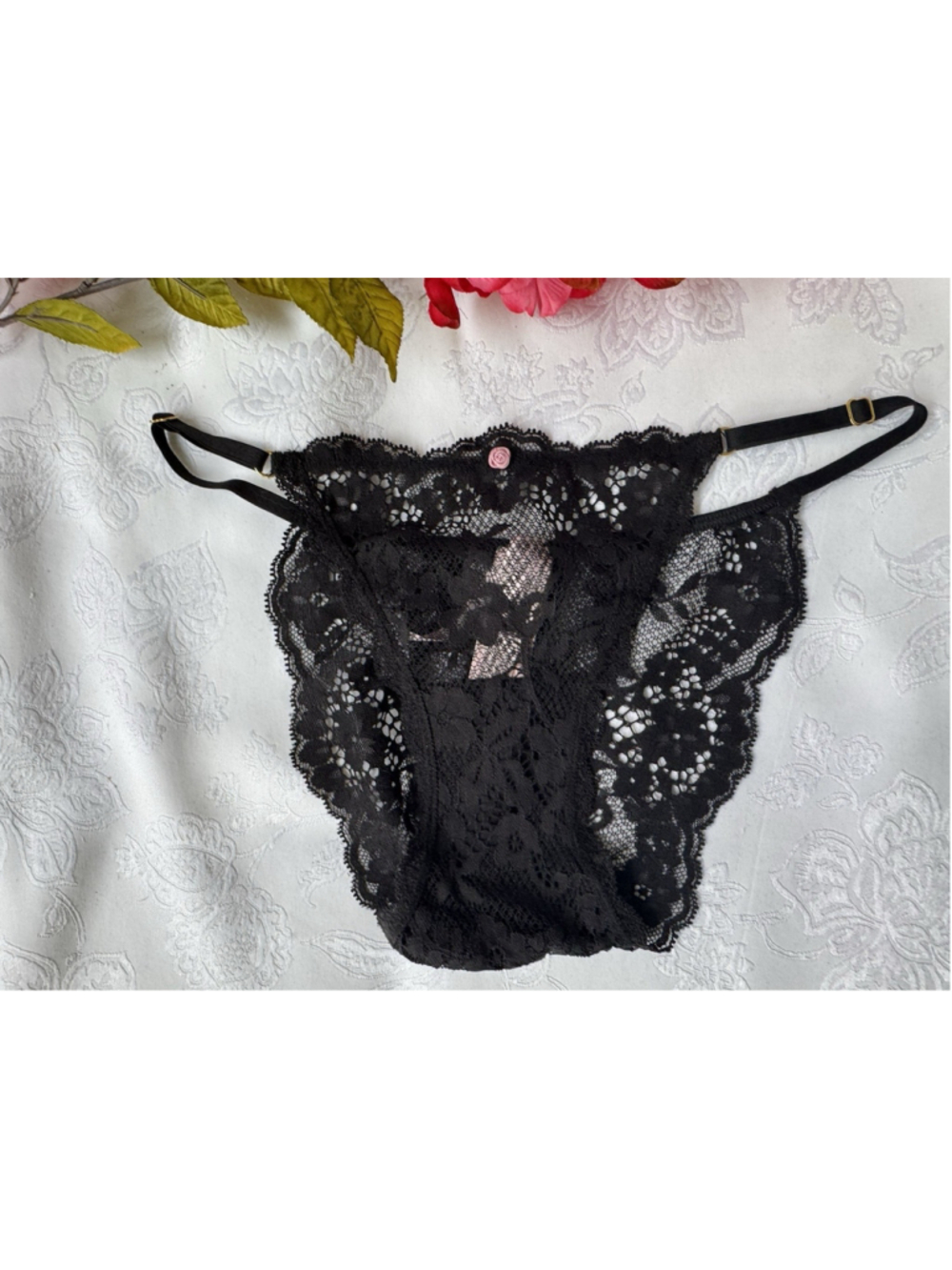 VICTORIA'S SECRET XS BLACK LACE DREAM ANGELS MINI STRING BIKINI PANTIES ADJ NWT